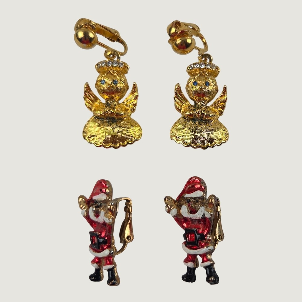 Vintage Estate Christmas Clip On Earrings Lot Gold Tone Angel Santa Enamel